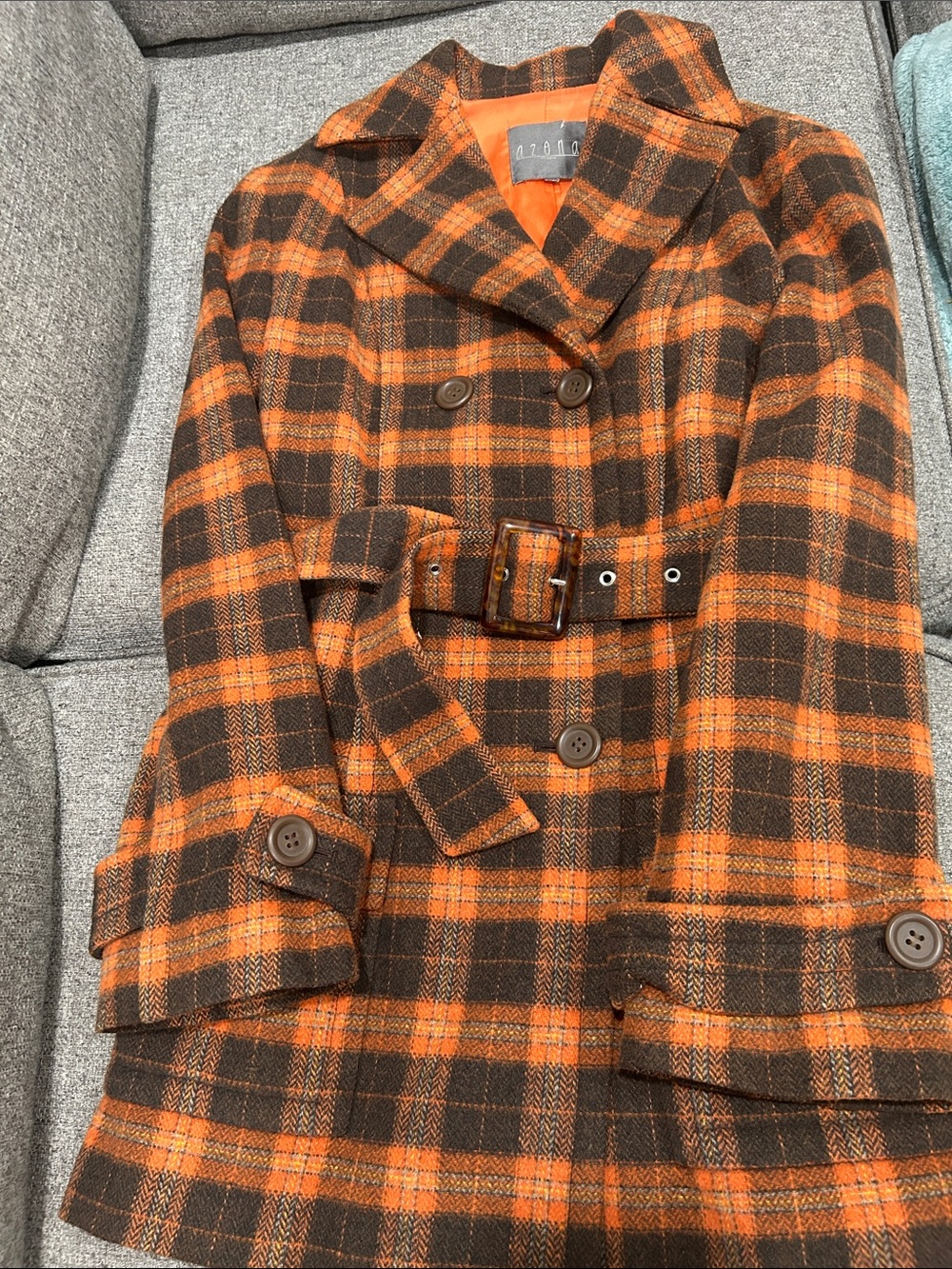 Double-Breasted Plaid Peacoat with Belt - Orange & Black,good quality